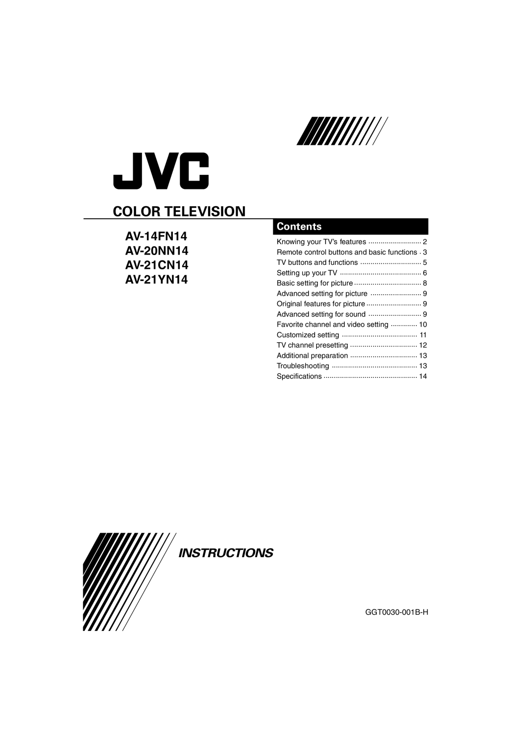 JVC AV-21YN14, AV-20NN14, AV-21CN14, AV-14FN14 specifications Color Television 