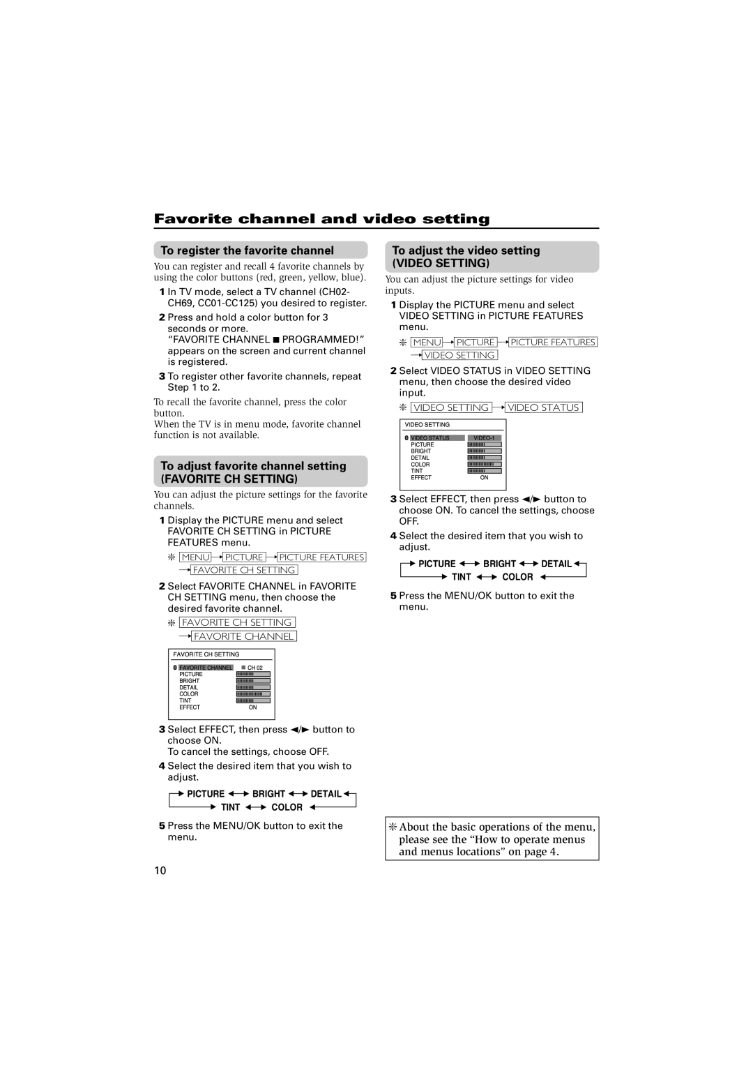 JVC AV-21CN14, AV-20NN14, AV-21YN14, AV-14FN14 Favorite channel and video setting, Favorite CH Setting, Video Setting 