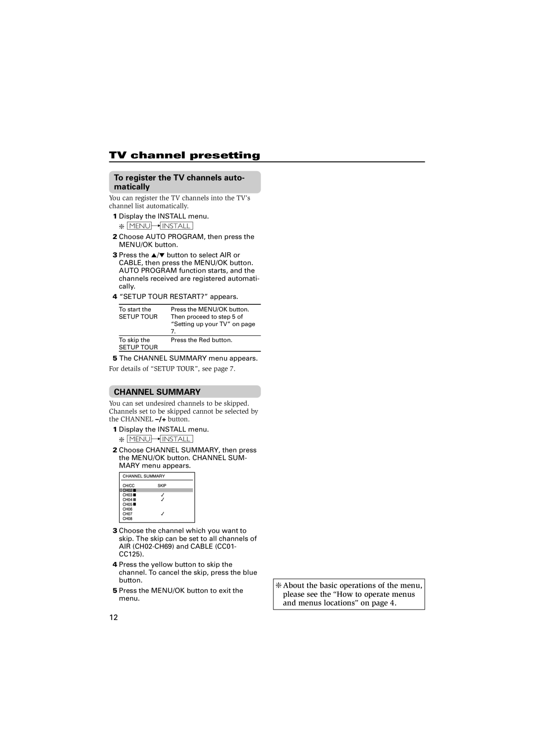 JVC AV-20NN14, AV-21YN14 TV channel presetting, To register the TV channels auto- matically, Channel Summary, Menu Install 