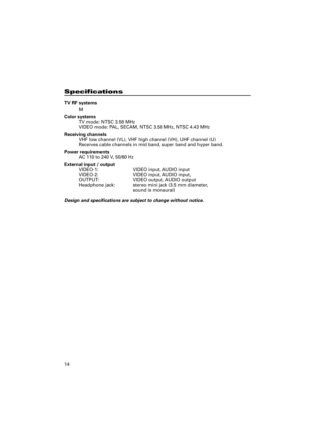 JVC AV-21CN14 Specifications, TV RF systems Color systems, Receiving channels, Power requirements, External input / output 