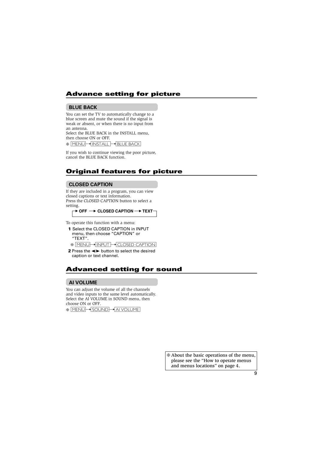 JVC AV-21YN14 Advance setting for picture, Original features for picture, Advanced setting for sound, Blue Back, Ai Volume 