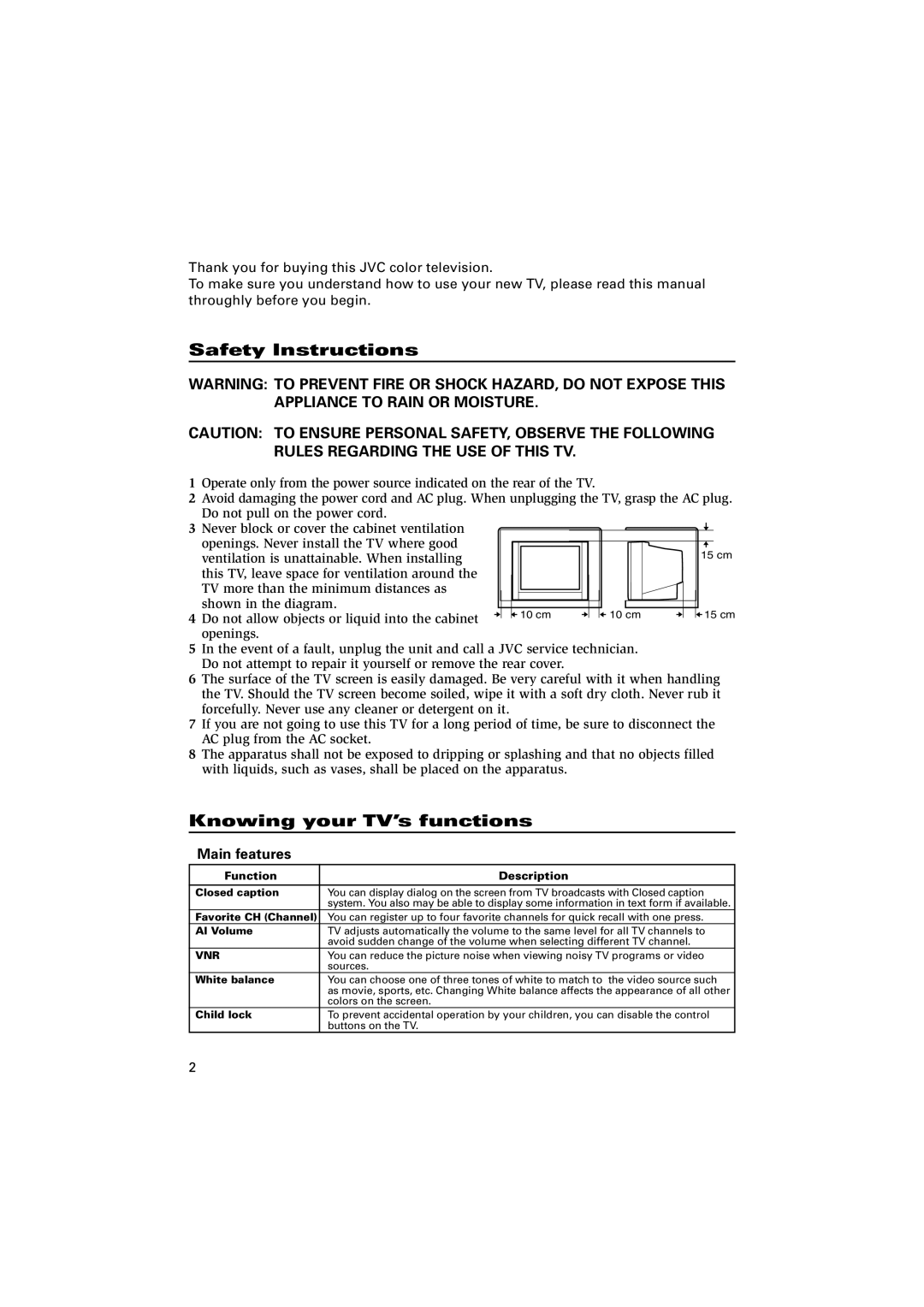 JVC AV-20NN15, GGT0079-001A-H Safety Instructions, Knowing your TV’s functions, Main features, Function Description 