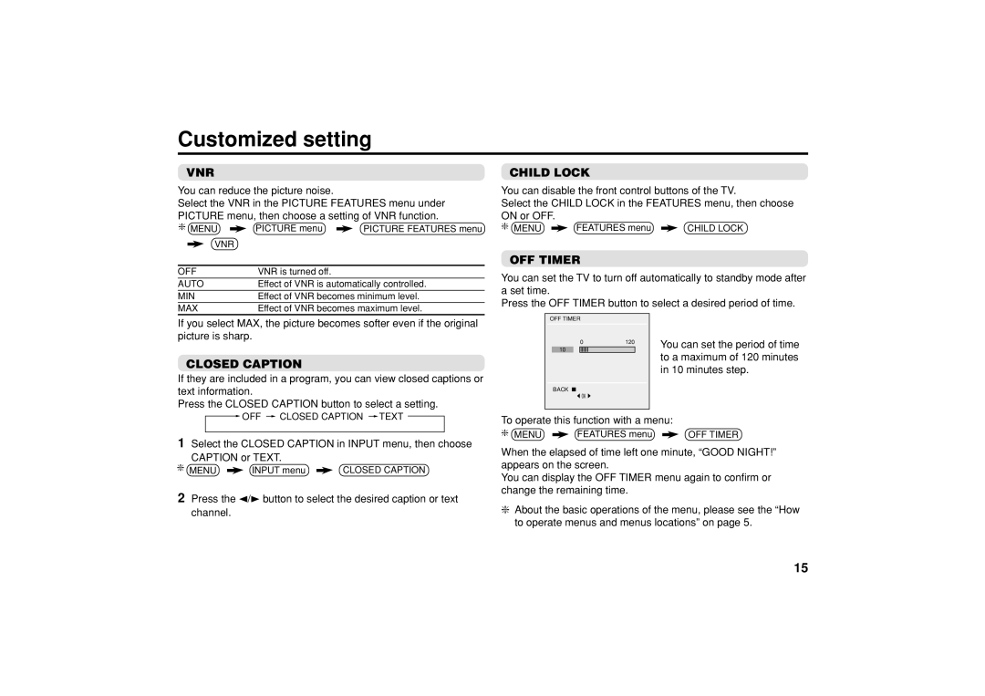 JVC GGT0079-001A-H, AV-20NN15 specifications Customized setting, Vnr, Child Lock, OFF Timer, Closed Caption 