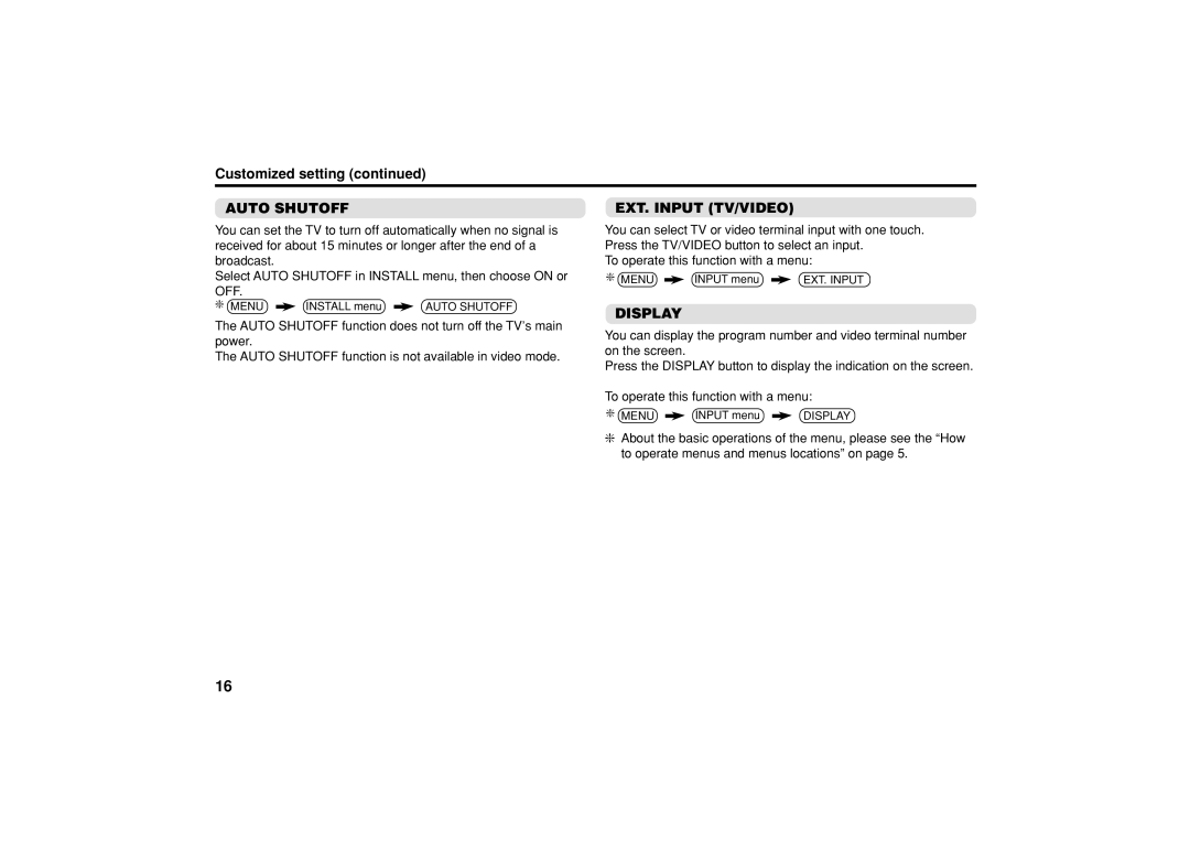 JVC AV-20NN15, GGT0079-001A-H specifications Customized setting, Auto Shutoff, EXT. Input TV/VIDEO, Display 