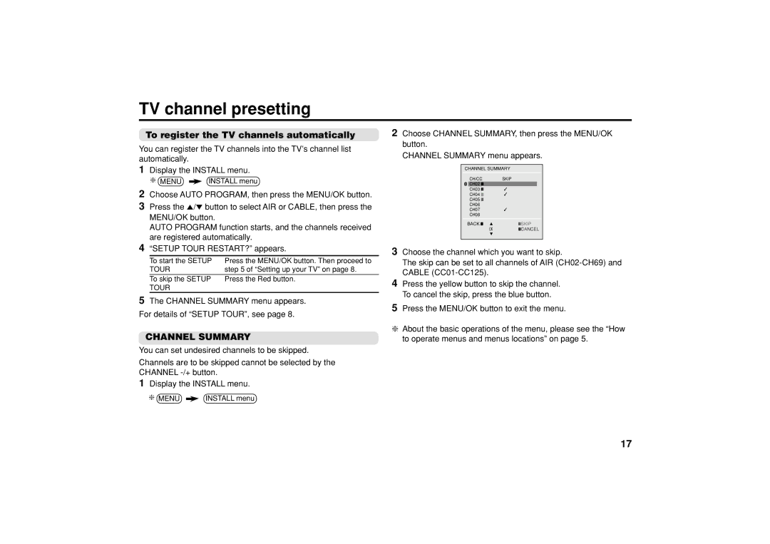 JVC GGT0079-001A-H, AV-20NN15 TV channel presetting, To register the TV channels automatically, Channel Summary 