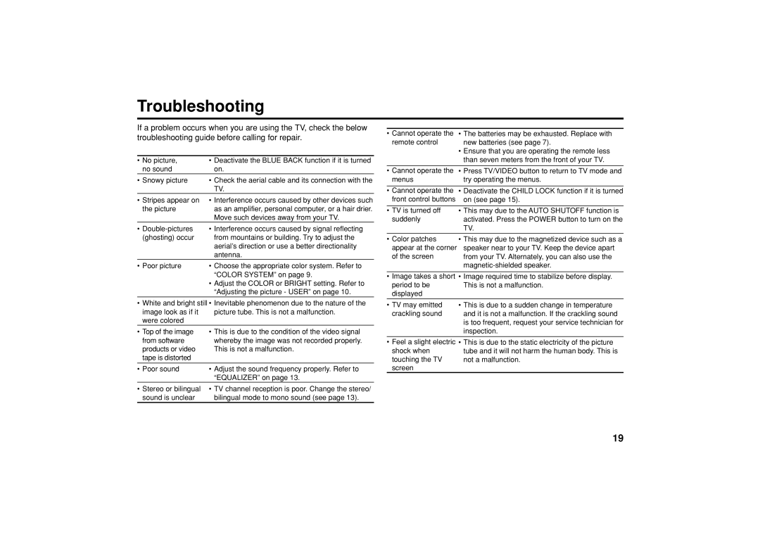 JVC GGT0079-001A-H, AV-20NN15 specifications Troubleshooting 