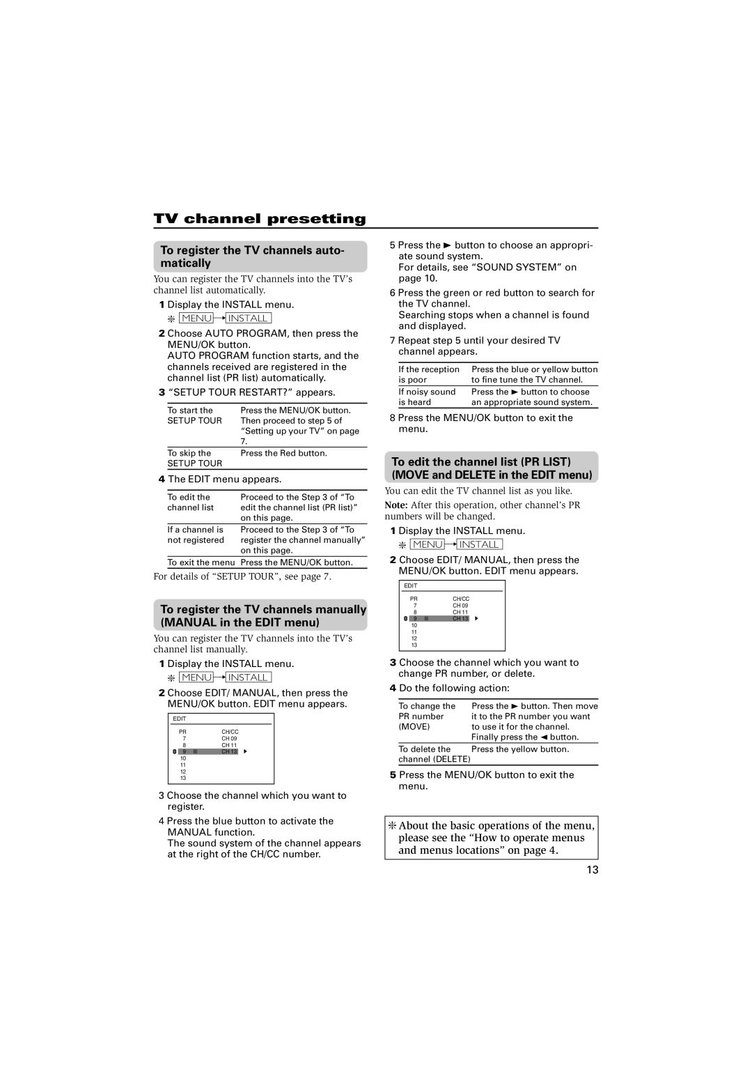 JVC AV-21U4, AV-2103YE, GGT0047-001C-H TV channel presetting, To register the TV channels auto- matically, Menu Install 