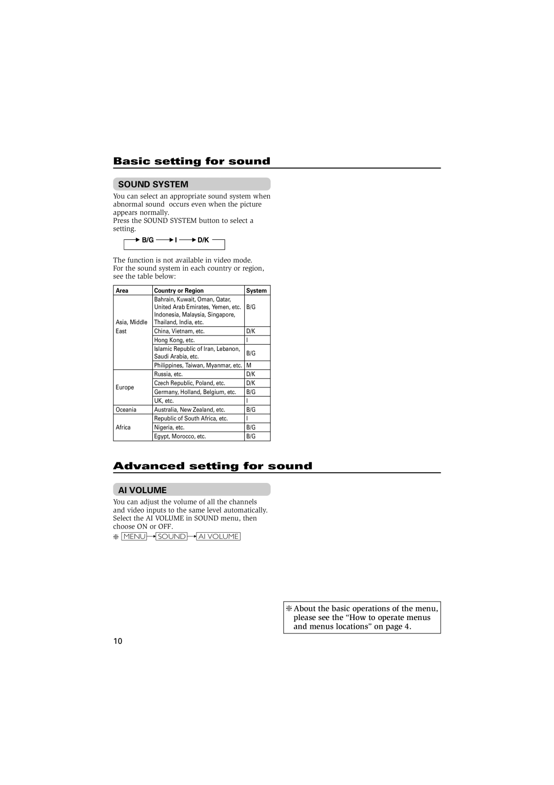 JVC AV-2107YE, AV-2107TE, AV-2105WE Basic setting for sound, Advanced setting for sound, Sound System, AI Volume, I D/K 