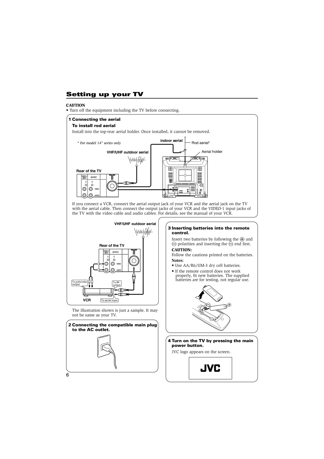 JVC AV-1407FE Setting up your TV, Connecting the aerial To install rod aerial, Inserting batteries into the remote control 