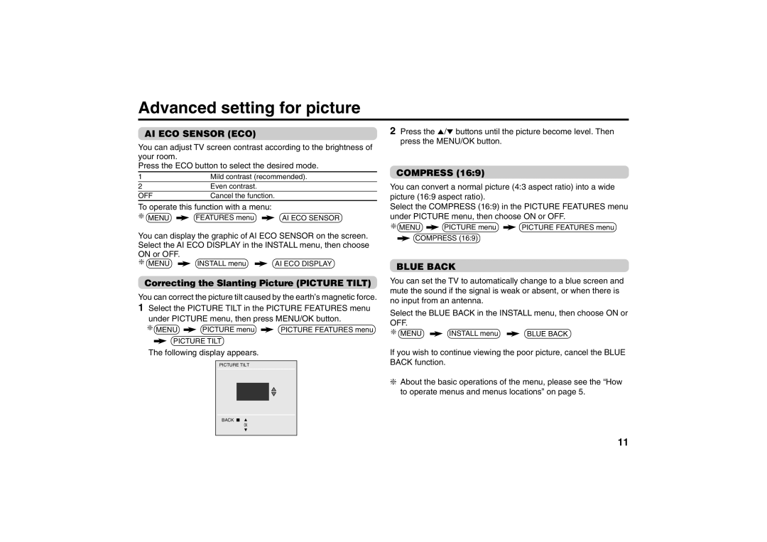 JVC AV-2957WE Advanced setting for picture, AI ECO Sensor ECO, Correcting the Slanting Picture Picture Tilt, Compress 