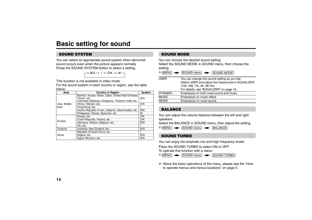 JVC AV-2987VE, AV-2155YE, AV-2157YE, AV-2957WE Basic setting for sound, Sound System, Sound Mode, Balance, Sound Turbo 