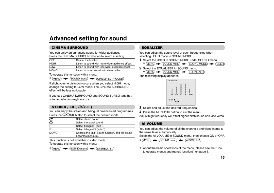 JVC AV-2957WE, AV-2155YE, AV-2157YE, AV-2987VE Advanced setting for sound, Cinema Surround, Stereo, Equalizer, AI Volume 