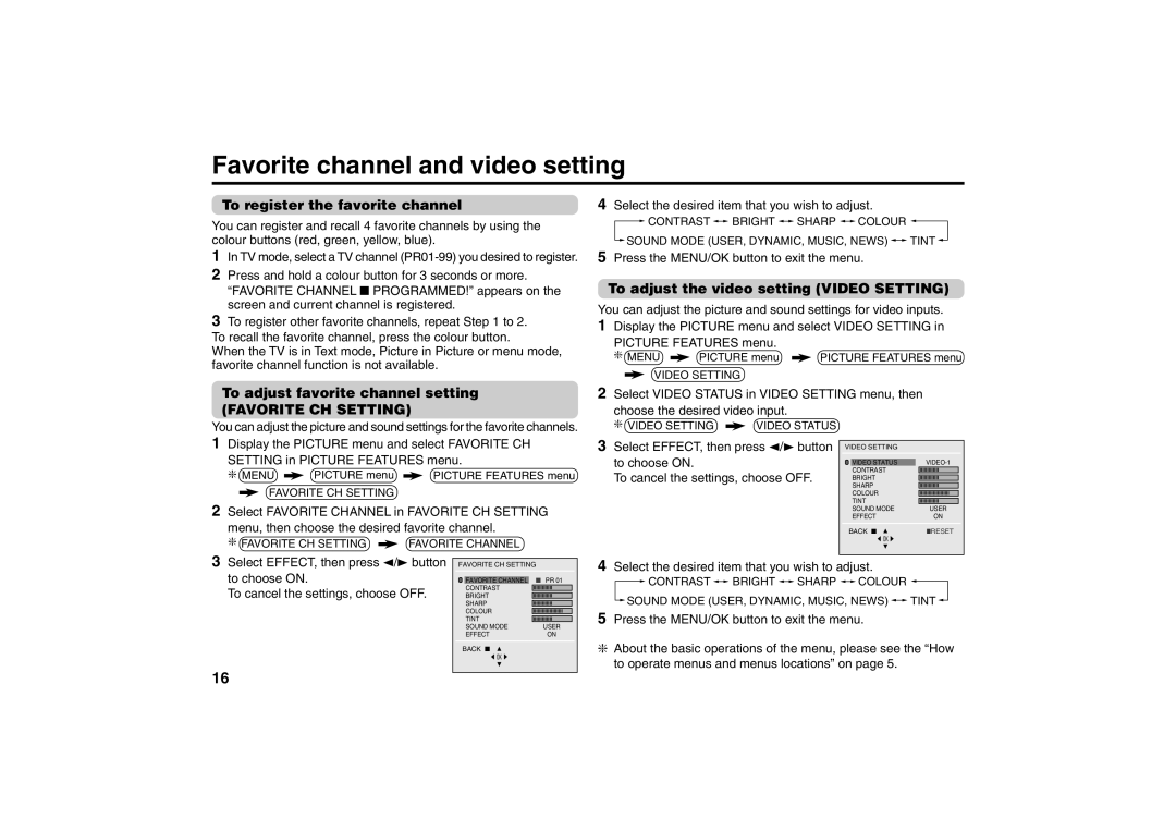 JVC AV-2155YE Favorite channel and video setting, To register the favorite channel, To adjust favorite channel setting 