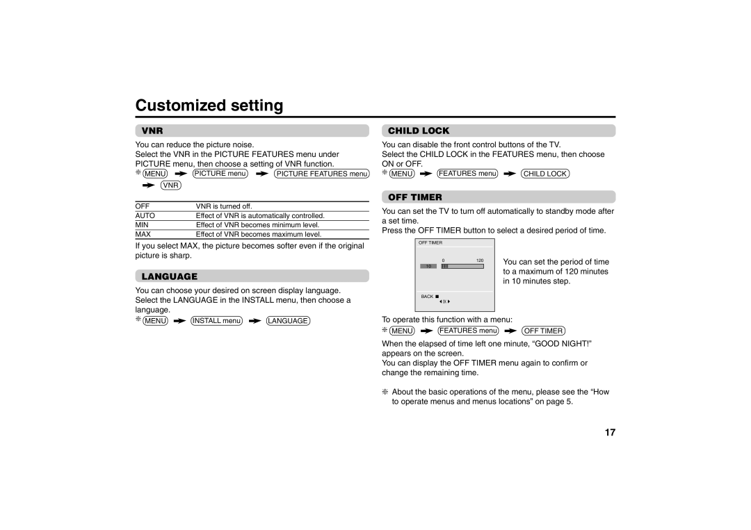 JVC AV-2157YE, AV-2155YE, AV-2987VE, AV-2957WE specifications Customized setting, Vnr, Child Lock, OFF Timer, Language 