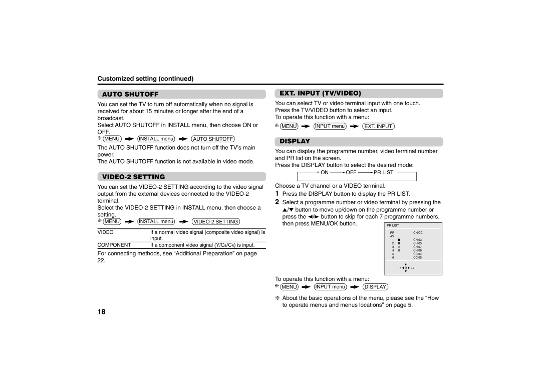 JVC AV-2987VE, AV-2155YE, AV-2157YE Customized setting, Auto Shutoff, EXT. Input TV/VIDEO, Display, VIDEO-2 Setting 