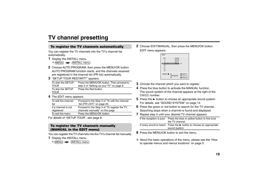 JVC AV-2957WE, AV-2155YE TV channel presetting, To register the TV channels automatically, Edit menu appears, Tour 