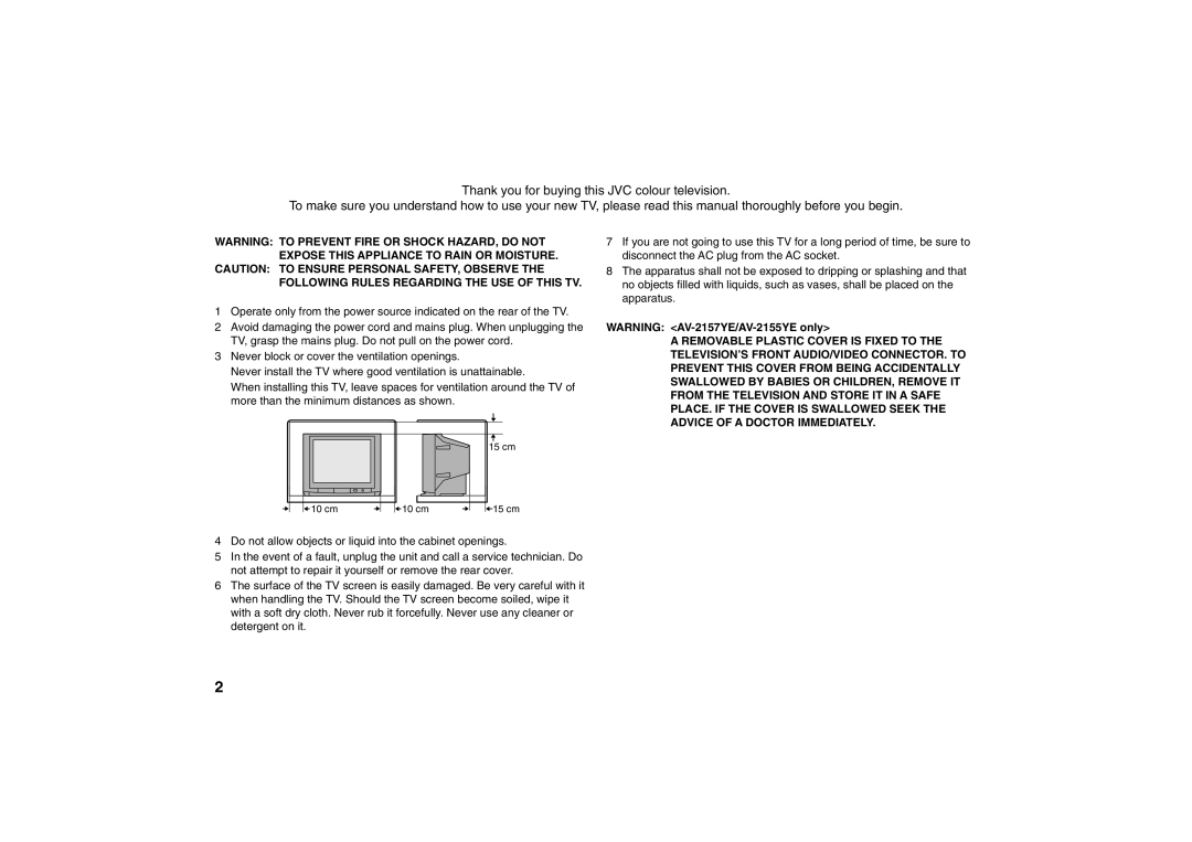 JVC AV-2987VE, AV-2155YE, AV-2157YE, AV-2957WE specifications 15 cm 