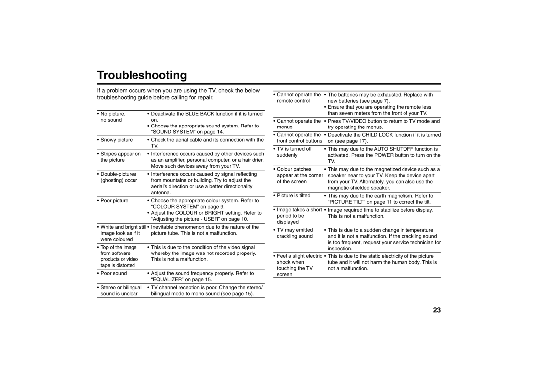 JVC AV-2957WE, AV-2155YE, AV-2157YE, AV-2987VE specifications Troubleshooting 