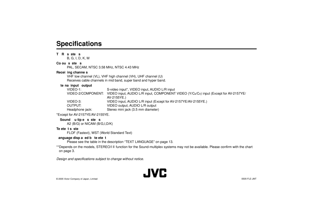 JVC AV-2155YE, AV-2157YE, AV-2987VE, AV-2957WE specifications Specifications 