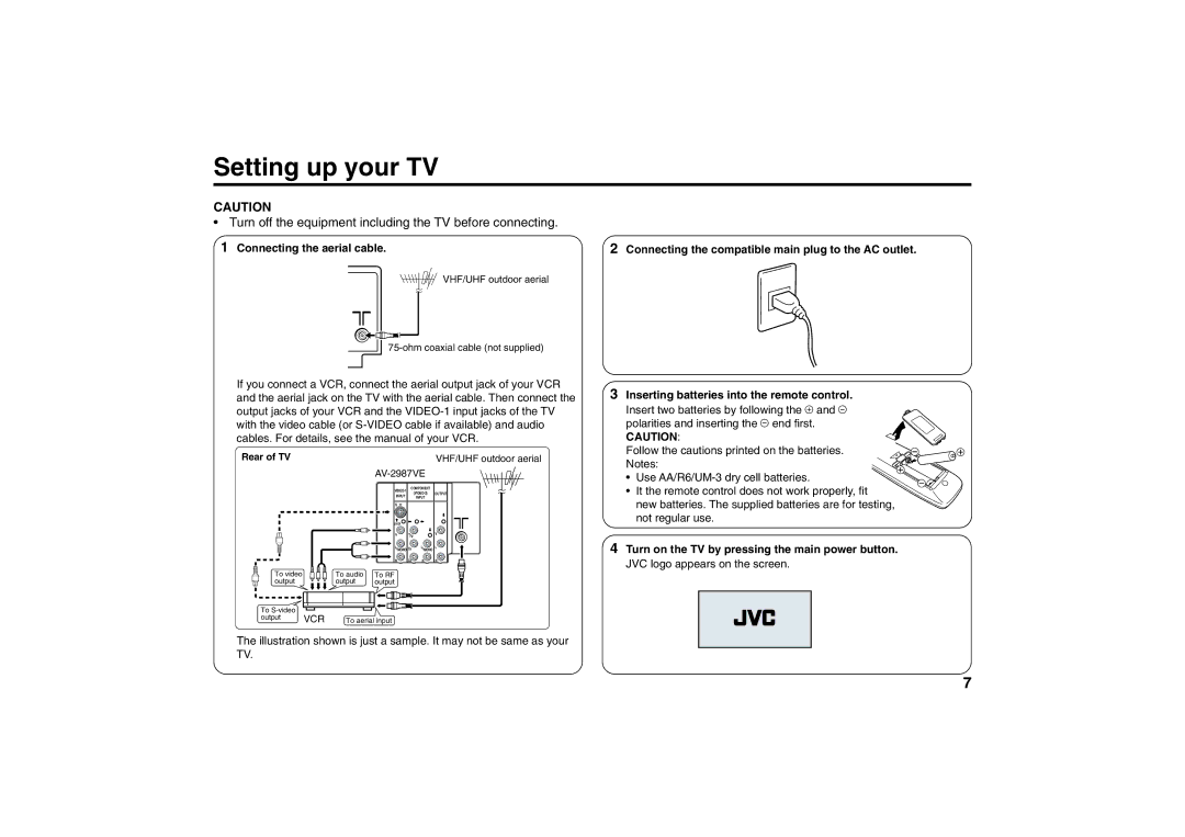 JVC AV-2957WE Setting up your TV, Turn off the equipment including the TV before connecting, Connecting the aerial cable 