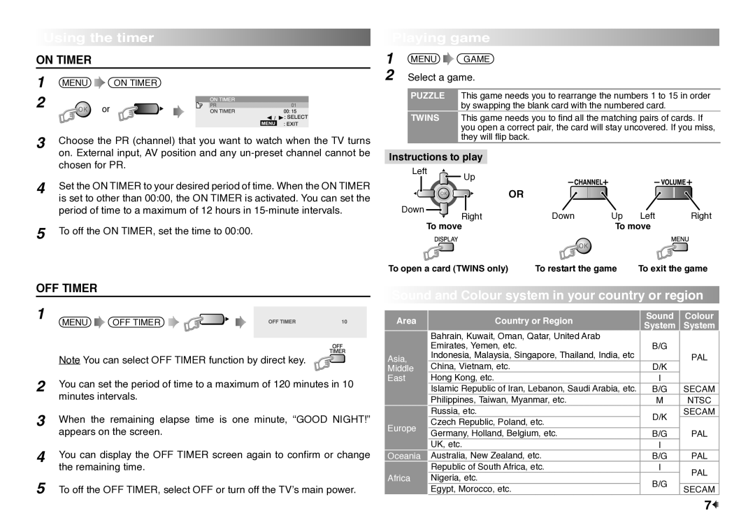 JVC AV-21Y17 Using the timer, Playing game, Sound and Colour system in your country or region, On Timer, OFF Timer 