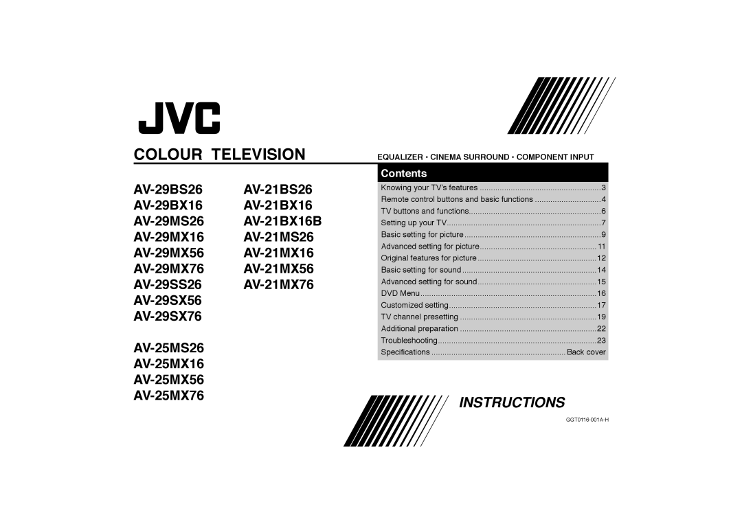 JVC AV-21BS26, AV-21BX16B, AV-29BS26, AV-29MS26, AV-29MX16 specifications Colour Television, Speciﬁcations Back cover 