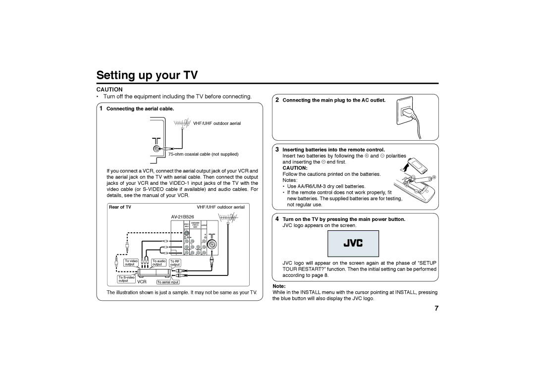 JVC AV-29MX56 Setting up your TV, Turn off the equipment including the TV before connecting, Connecting the aerial cable 