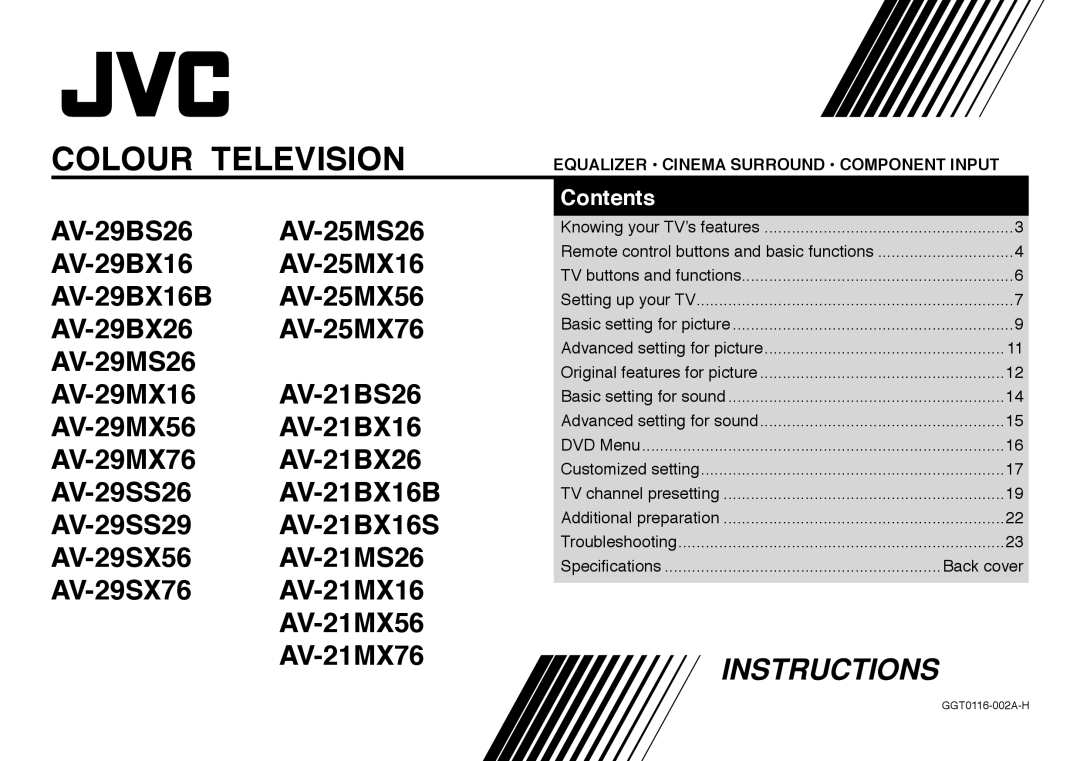 JVC AV-21BX26, AV-21BX16S, AV-29BX26, AV-29BX16B, AV-29SS29 specifications Colour Television, Speciﬁcations Back cover 