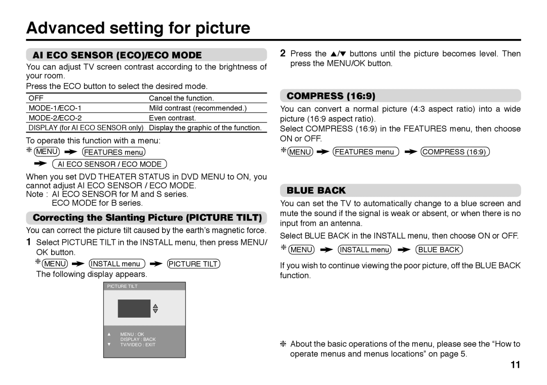 JVC GGT0116-002A-H Advanced setting for picture, AI ECO Sensor ECO/ECO Mode, Correcting the Slanting Picture Picture Tilt 