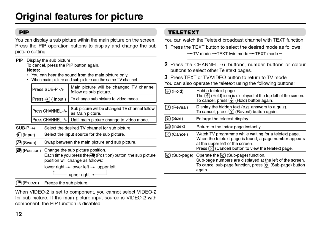 JVC AV-21BX16S, AV-21BX26, AV-29BX26, AV-29BX16B, AV-29SS29, GGT0116-002A-H Original features for picture, Pip, Teletext 