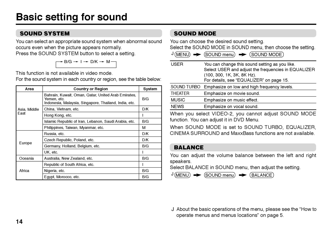 JVC AV-29BX26 Basic setting for sound, Sound System, Sound Mode, Balance, This function is not available in video mode 