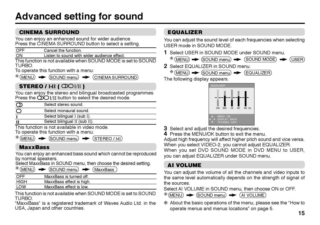 JVC AV-29BX16B, AV-21BX16S, AV-21BX26, AV-29BX26, AV-29SS29 Advanced setting for sound, Cinema Surround, Equalizer, AI Volume 