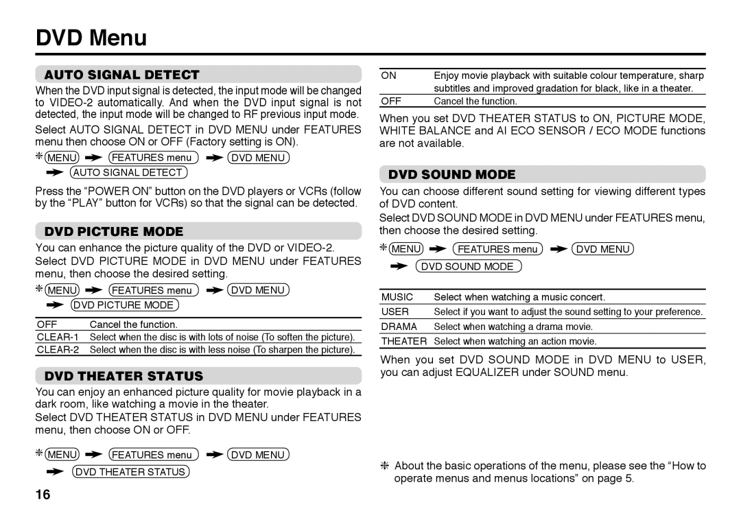 JVC AV-29SS29, AV-21BX16S, AV-21BX26 DVD Menu, Auto Signal Detect, DVD Picture Mode, DVD Theater Status, DVD Sound Mode 