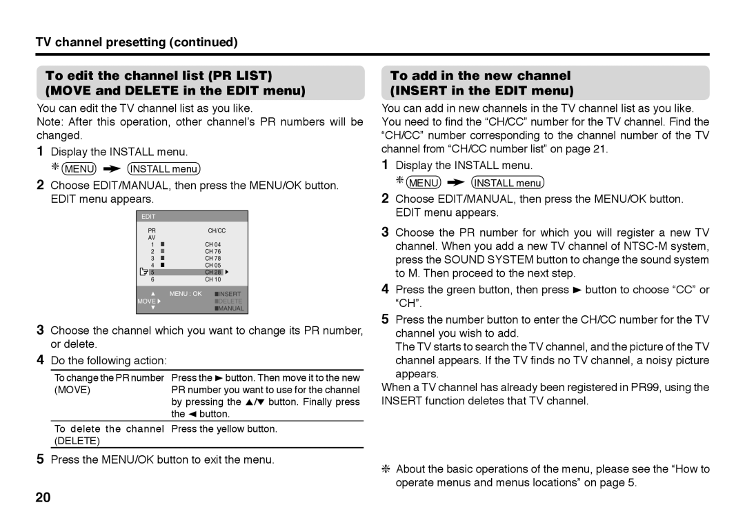 JVC AV-29BX26, AV-21BX16S, AV-21BX26, AV-29BX16B, AV-29SS29 To add in the new channel Insert in the Edit menu, Move, Delete 