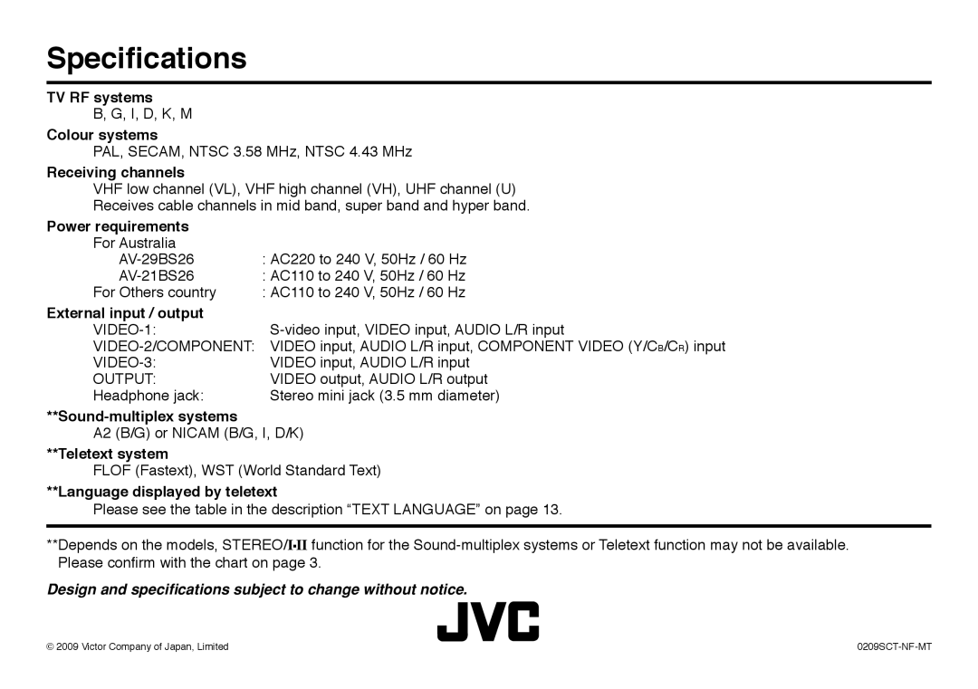 JVC AV-21BX16S, AV-21BX26, AV-29BX26, AV-29BX16B, AV-29SS29, GGT0116-002A-H specifications Speciﬁcations 