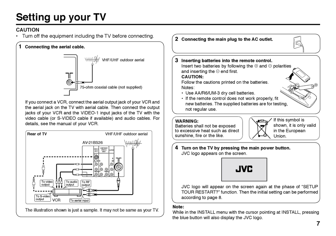 JVC AV-21BX26 Setting up your TV, Turn off the equipment including the TV before connecting, Connecting the aerial cable 