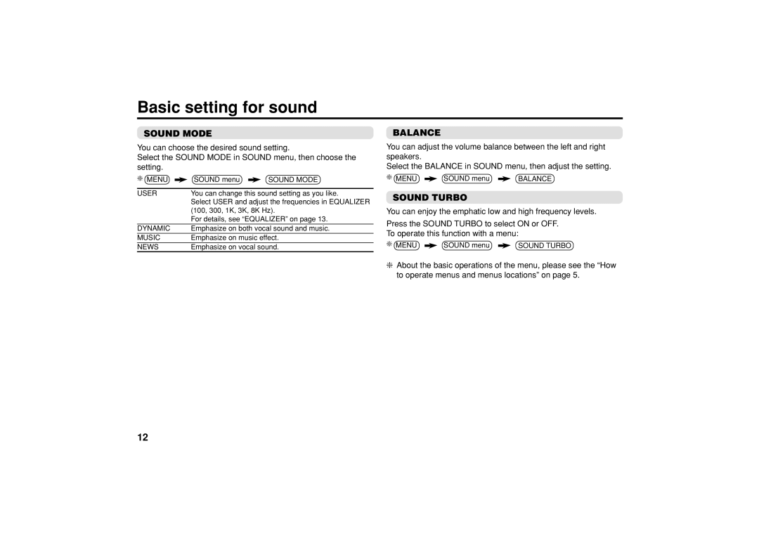 JVC AV-21CA15, AV-21YA15, AV-14FT15, GGT0071-001A-H specifications Basic setting for sound, Sound Mode, Balance, Sound Turbo 