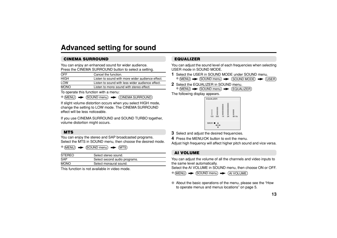 JVC AV-21YA15, AV-21CA15, AV-14FT15, GGT0071-001A-H Advanced setting for sound, Cinema Surround, Mts, Equalizer, AI Volume 