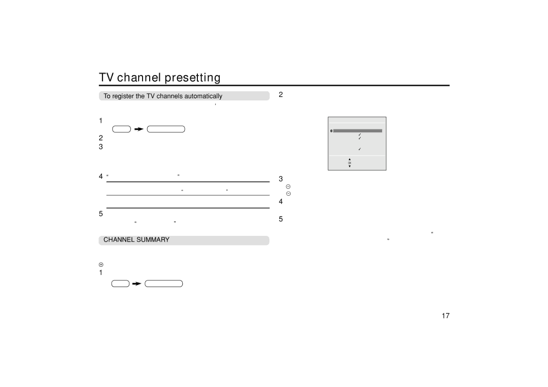 JVC AV-21YA15, AV-21CA15, AV-14FT15 TV channel presetting, To register the TV channels automatically, Channel Summary 