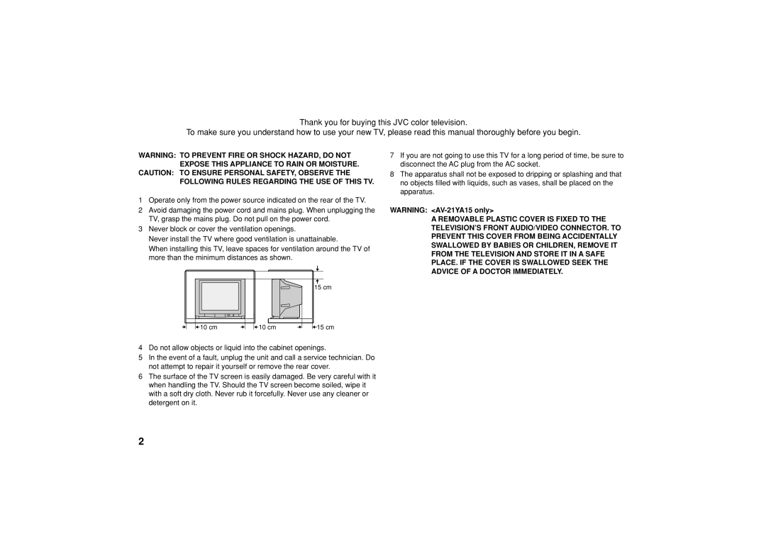 JVC AV-14FT15, AV-21CA15, AV-21YA15, GGT0071-001A-H specifications 15 cm 