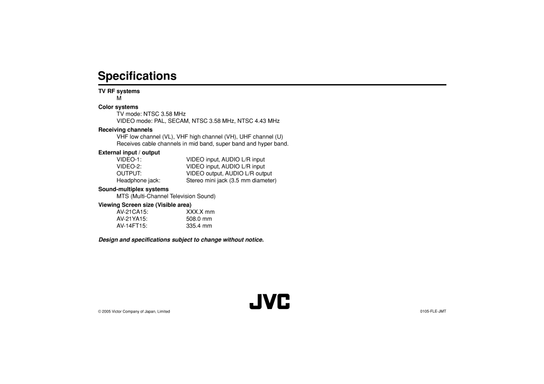 JVC AV-21CA15, AV-21YA15, AV-14FT15, GGT0071-001A-H specifications Specifications 