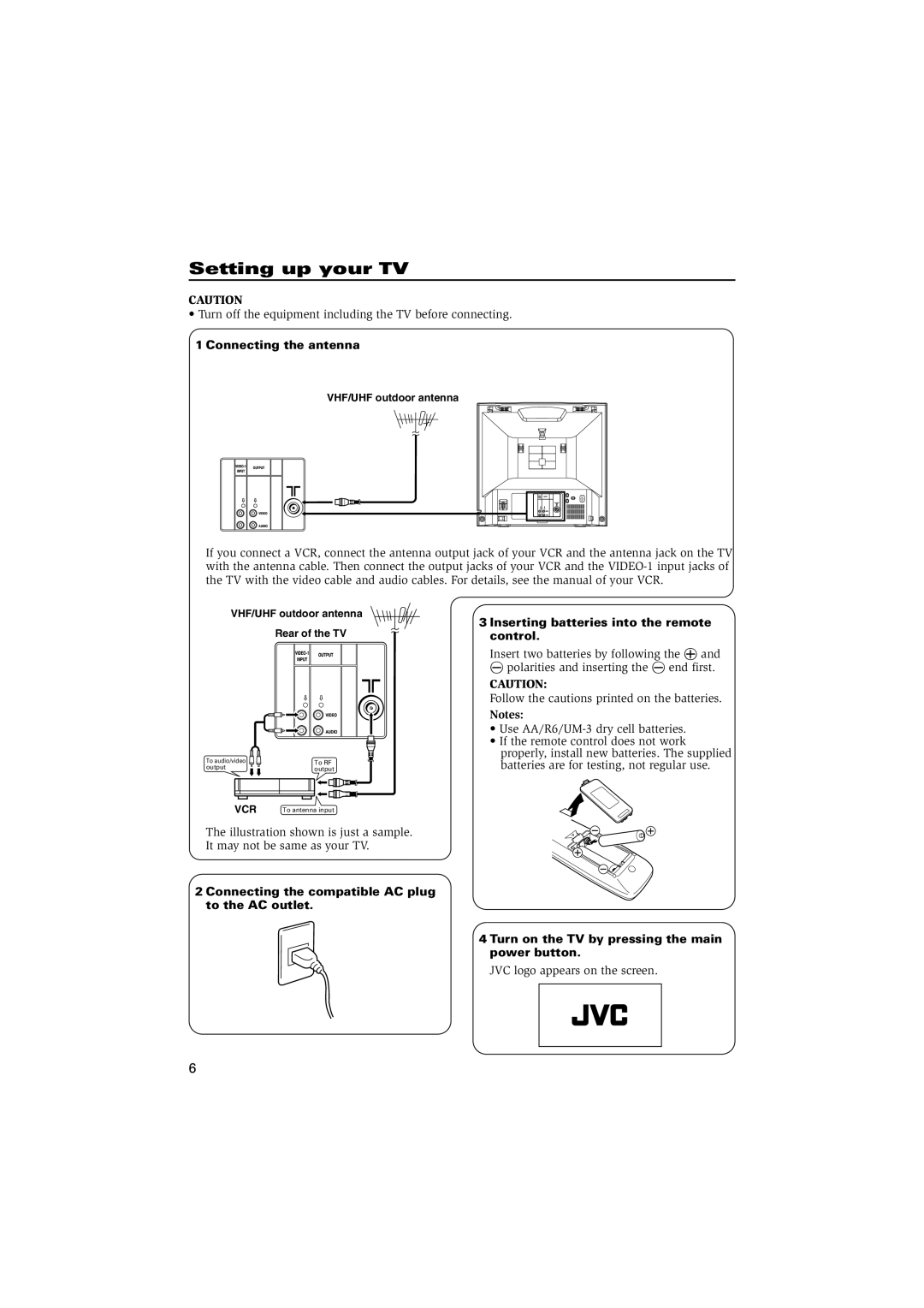 JVC AV-21CN14 specifications Setting up your TV, Connecting the antenna, Turn on the TV by pressing the main power button 