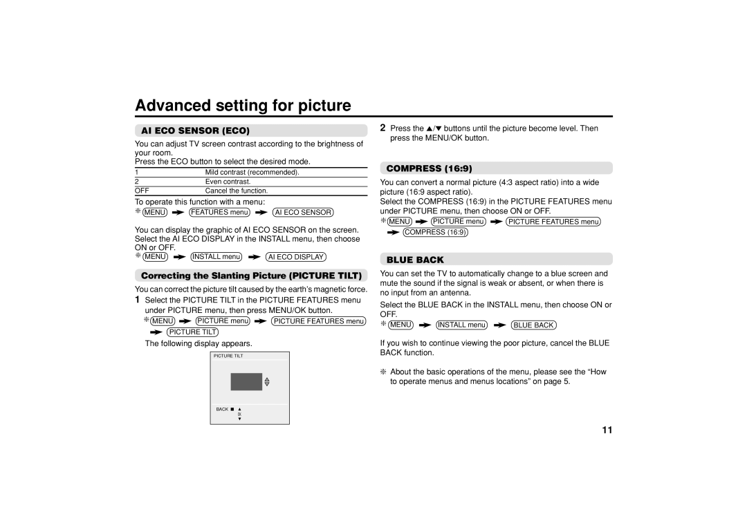 JVC AV-21VS14 Advanced setting for picture, AI ECO Sensor ECO, Correcting the Slanting Picture Picture Tilt, Compress 