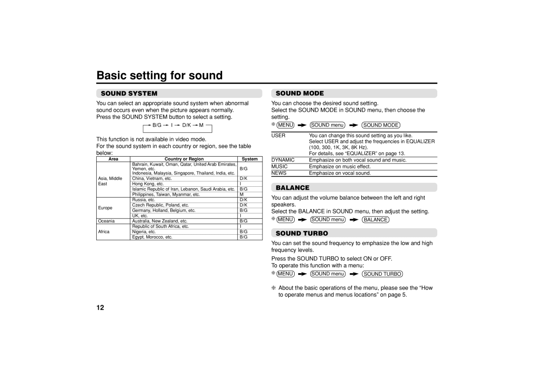 JVC AV-25VS14, AV-21CS14, AV-21VS14, AV-29VS14 Basic setting for sound, Sound System, Sound Mode, Balance, Sound Turbo 