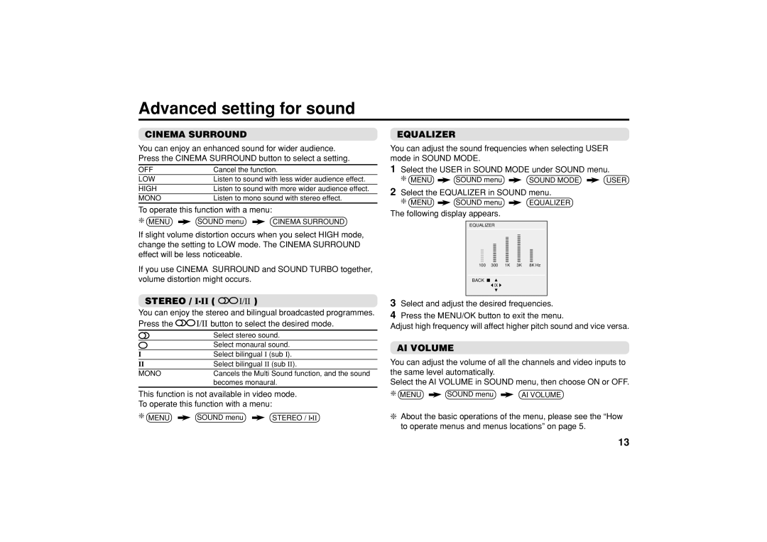 JVC AV-29VS14, AV-21CS14, AV-21VS14, AV-25VS14 Advanced setting for sound, Cinema Surround, Stereo, Equalizer, AI Volume 