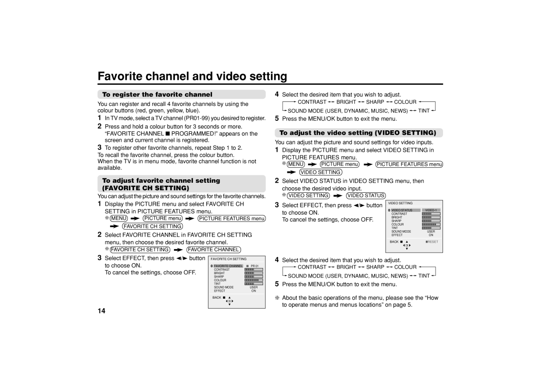 JVC GGT0039-001B-H, AV-21CS14 Favorite channel and video setting, To register the favorite channel, Favorite CH Setting 