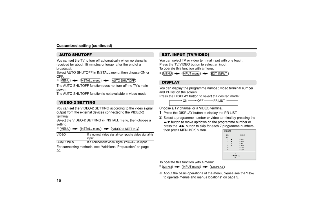 JVC AV-21VS14, AV-21CS14, AV-25VS14 Customized setting, Auto Shutoff, EXT. Input TV/VIDEO, Display, VIDEO-2 Setting 