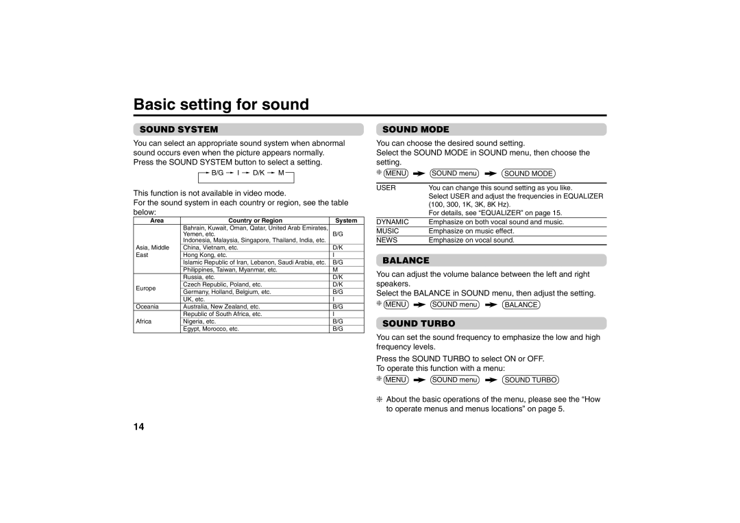 JVC AV-21VS14, AV-21CS14, AV-25VS14, AV-29VS14, GGT0039-001B-H specifications Basic setting for sound 