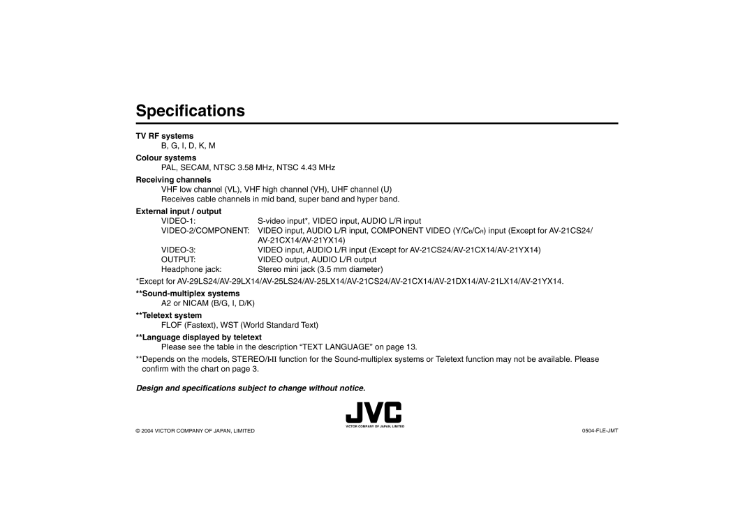 JVC AV-21VS14, AV-21CS14, AV-25VS14, AV-29VS14, GGT0039-001B-H specifications Language displayed by teletext 