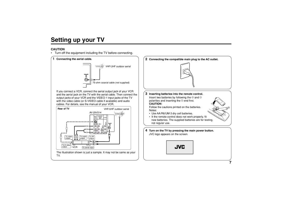 JVC AV-25VS14, AV-21CS14, AV-21VS14, AV-29VS14 Setting up your TV, Turn off the equipment including the TV before connecting 